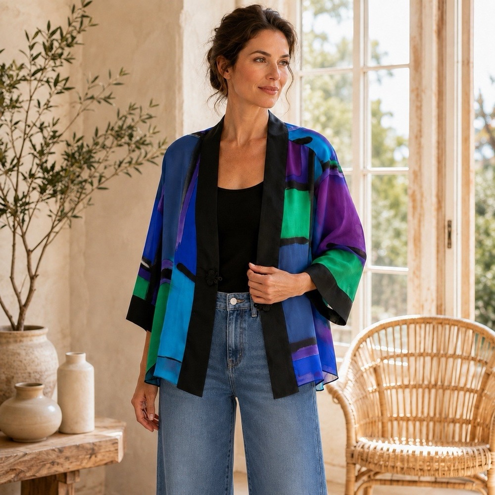 Simply Silk 100% Silk Patchwork Kimono Jacket Multicolor Abstract Print Sz M